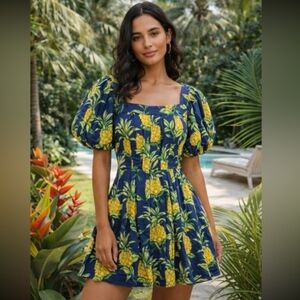 Farm Rio Pineapple Print Linen Blend Dress In Navy XS NWT